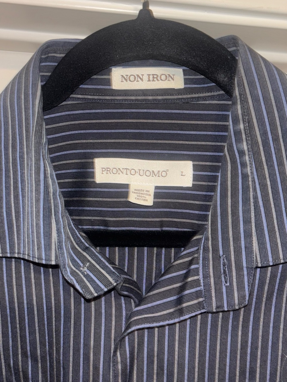 Pronto Uomo Men’s Navy and Gray Striped Non-Iron Dress Shirt L